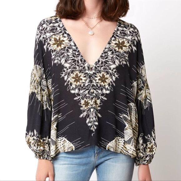 FREE PEOPLE Birds of a Feather Patterned Top Black Brown Beige Women’s Large - Picture 2 of 11